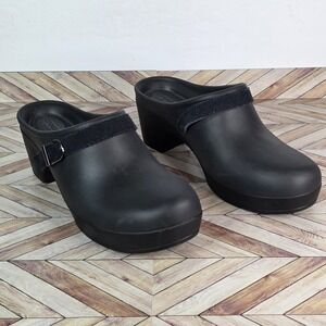 Crocs Sarah Womens 9 Black Comfort Heeled Clog Mule Leather Strap Buckle Slip On